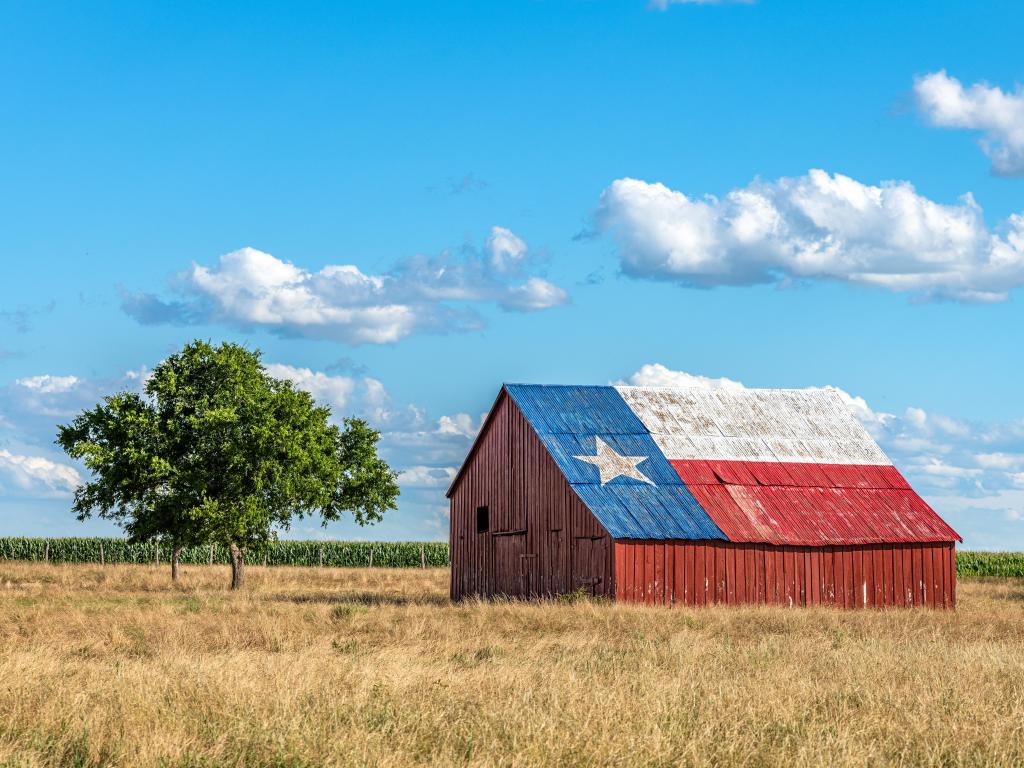 An abandoned old barn with the symbol of Texas painted on the roof sits in a rural area of the state, framed by farmland.