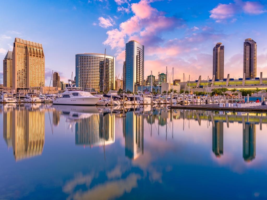 San Diego, California, USA downtown city skyline during a beautiful sunset.