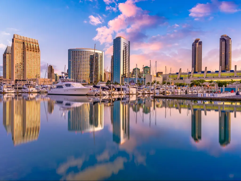 San Diego, California, USA downtown city skyline during a beautiful sunset.