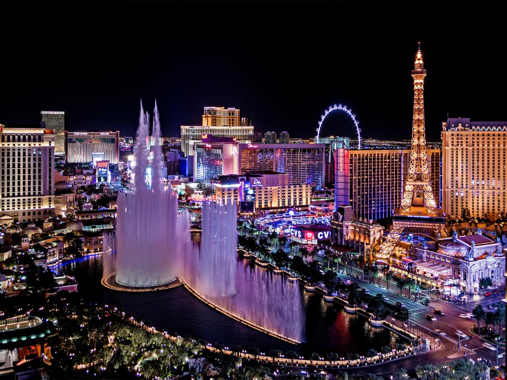 An aerial view of the skyscraper and the 8-acre dancing fountain along the Las Vegas Strip in Las Vegas Nevada