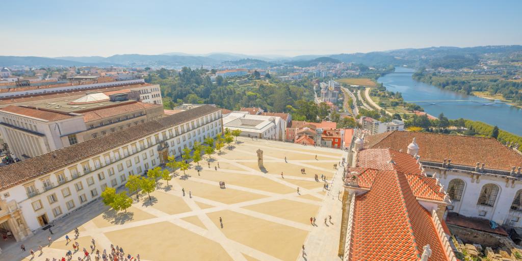 Aerial view of Coimbra University courtyard overlooking MOndego river