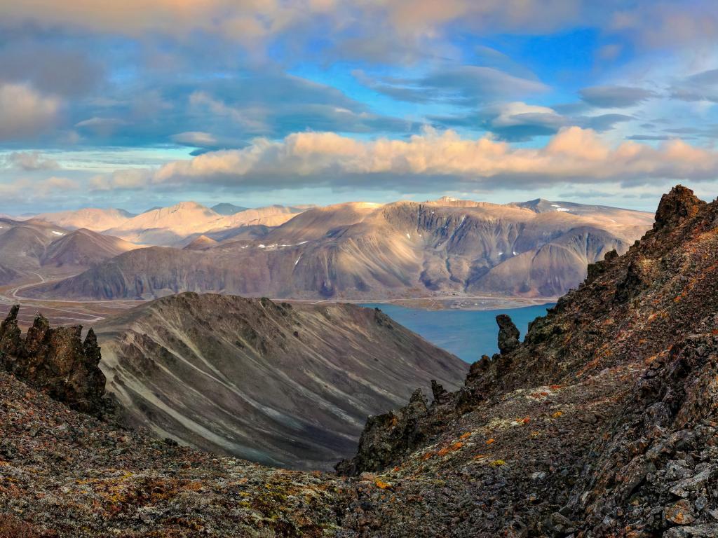 Providence Bay, Russia with a mountain panorama and scenic view from the Whirlwind Mountain, Providence Bay.