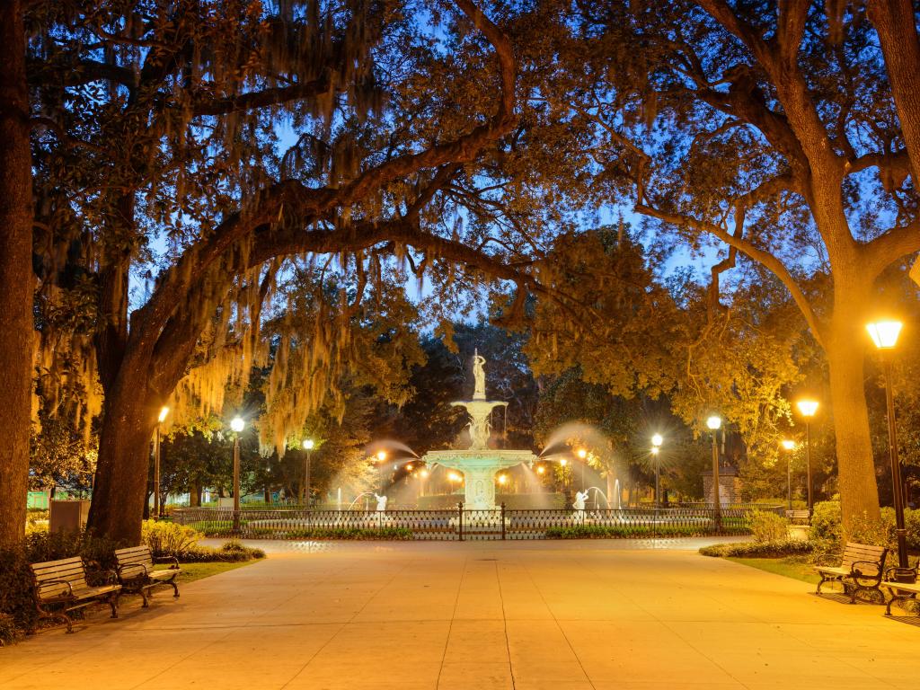 Savannah, Georgia, USA at Forsyth Park lit up at night