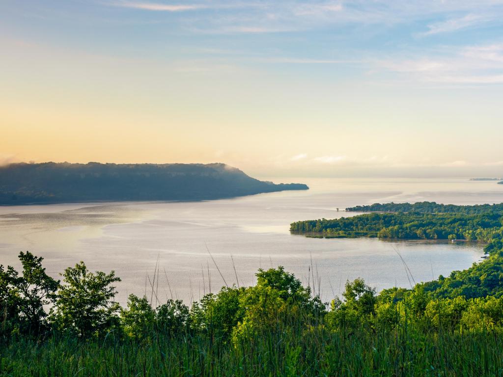 Lake Pepin, Wisconsin, USA with a scenic view of the Mississippi River and Lake Pepin on a summer morning.