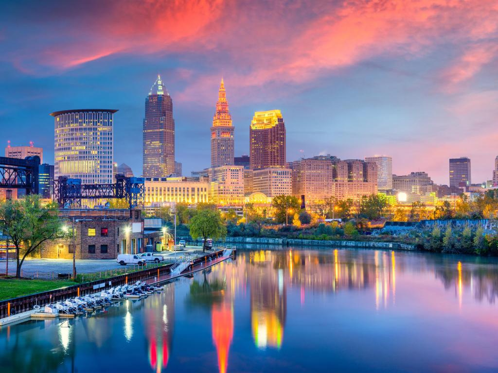 Cleveland, Ohio, USA skyline on the Cuyahoga River.