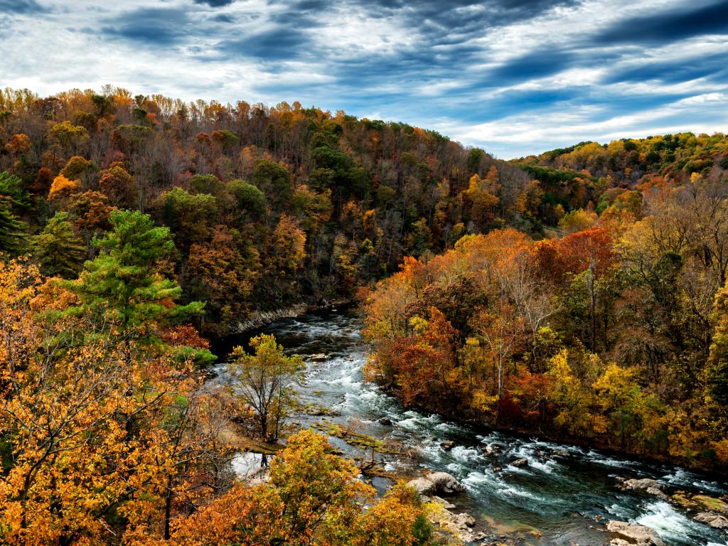 The Roanoke River cloaked in autumn beauty along the Blue Ridge Parkway National Park, Virginia, USA