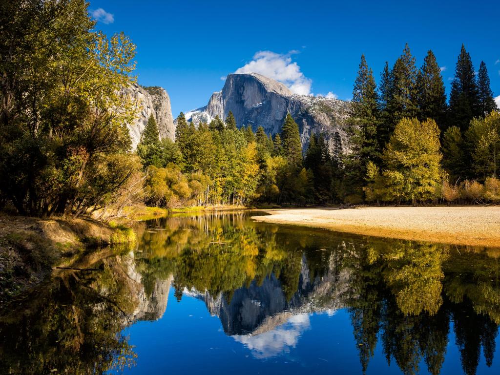 Half dome mountain in Yosemite National Park in California on a sunny day.