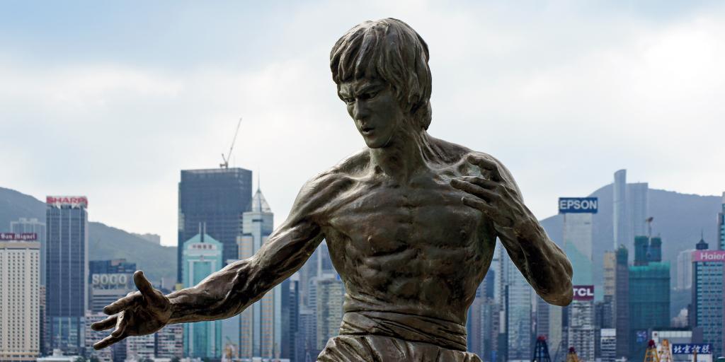 The torso and head of the statue of Bruce Lee on Avenue of Stars, Hong Kong