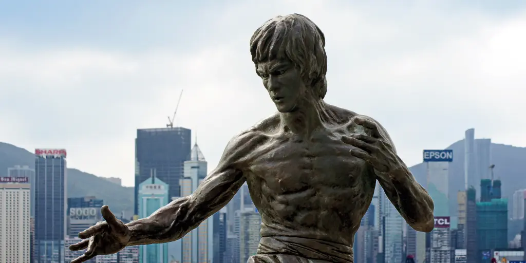 The torso and head of the statue of Bruce Lee on Avenue of Stars, Hong Kong