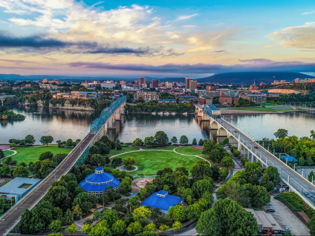 Drone Aerial View of Downtown Chattanooga looking over Tennessee River