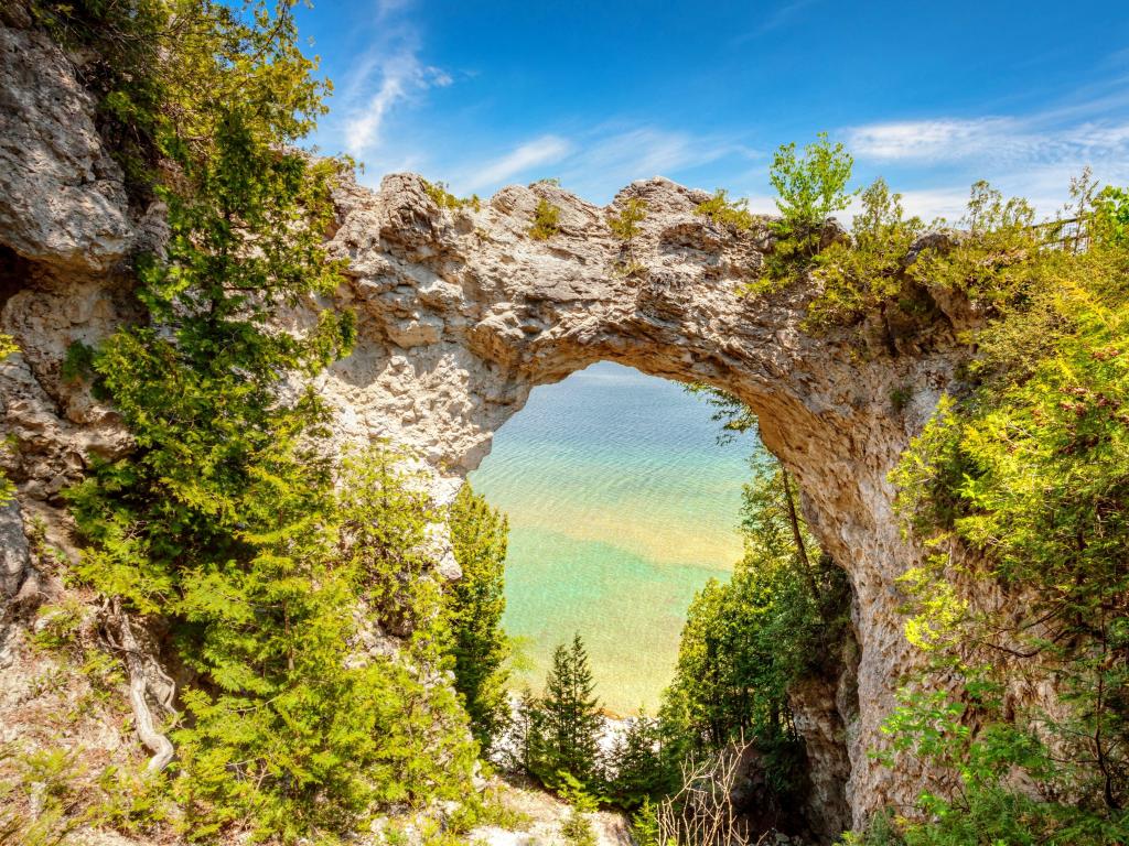 Arch Rock Mackinac Island, Michigan, USA on a sunny day.