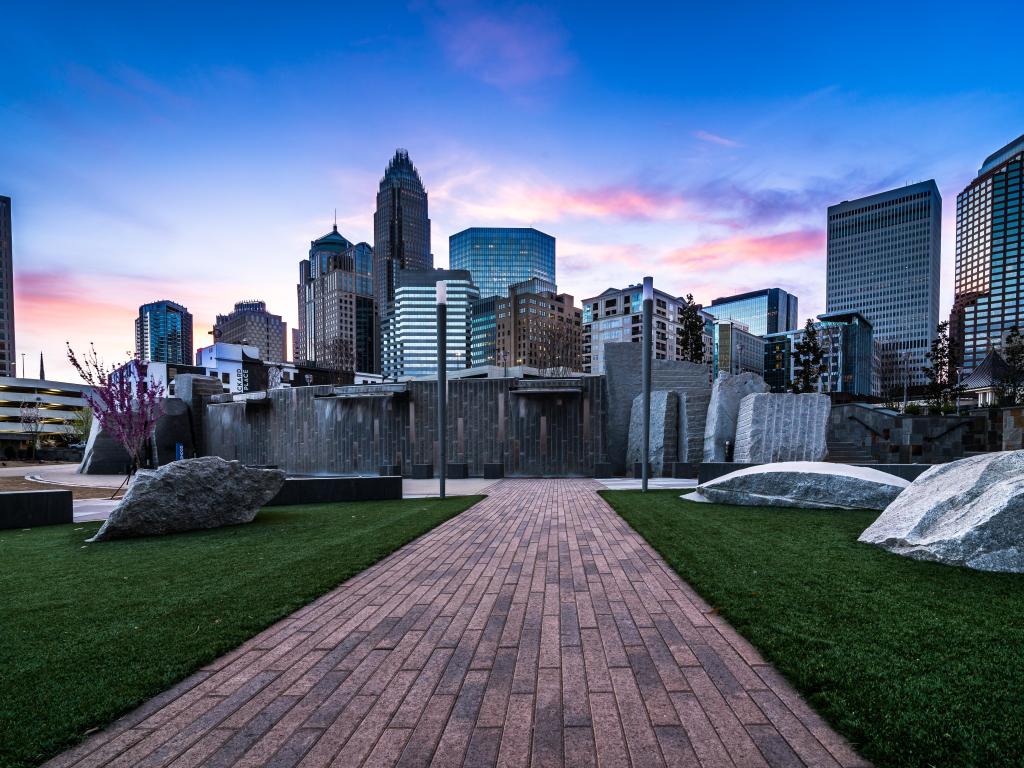Sunrise in Charlotte, North Carolina showing a pathway to brand new buildings