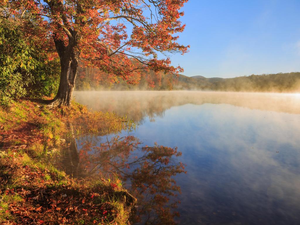 Blowing Rock, North Carolina, USA with early morning fog rising from the water of Julian Price Lake, trees in fall colors surrounding the lake on a clear sunny day.