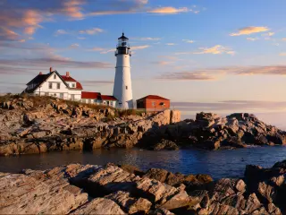 One Of The Most Iconic And Beautiful Lighthouses, The Portland Head Light Under Early Morning Skies, Portland, Maine, USA
