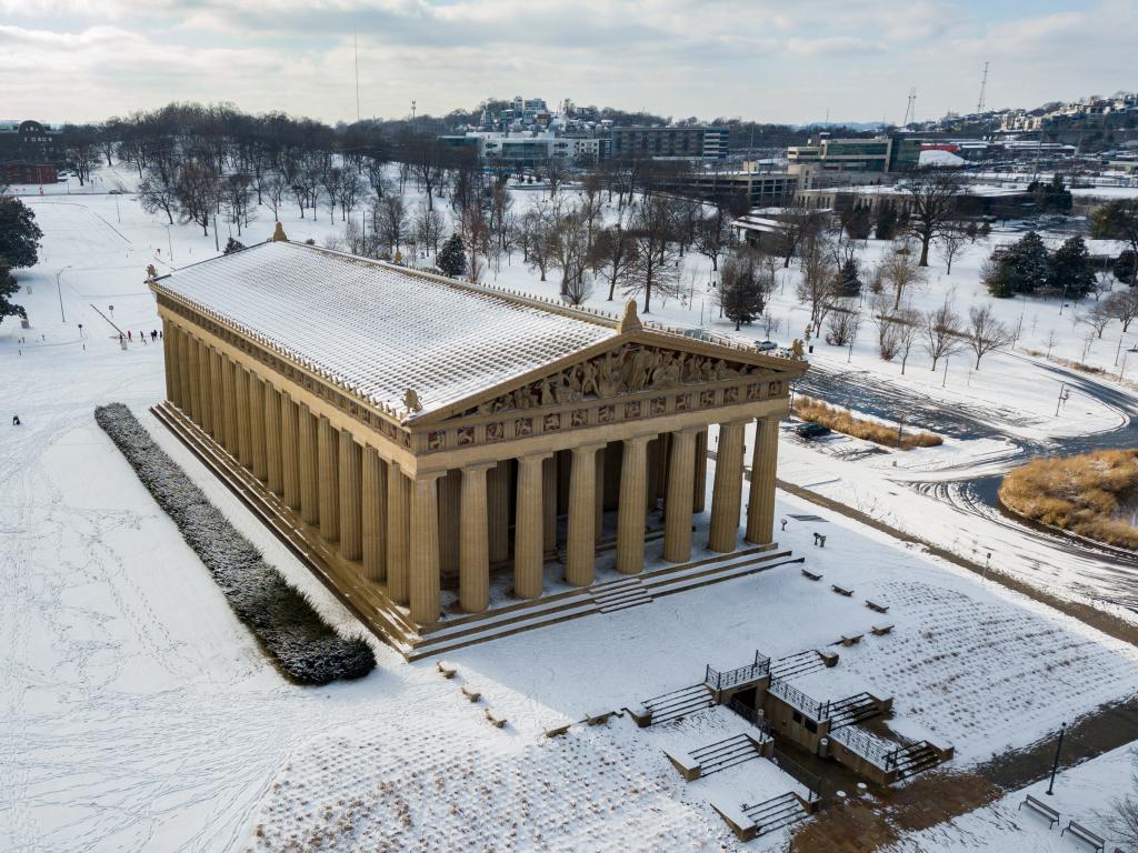 A rare snowstorm has covered the Centennial Square in Nashville, Texas