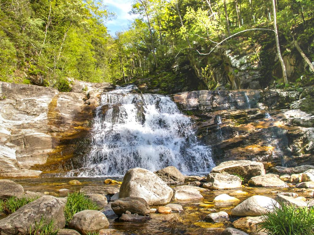 A small waterfall surrounded by very green trees at Kent Falls State Park, Connecticut