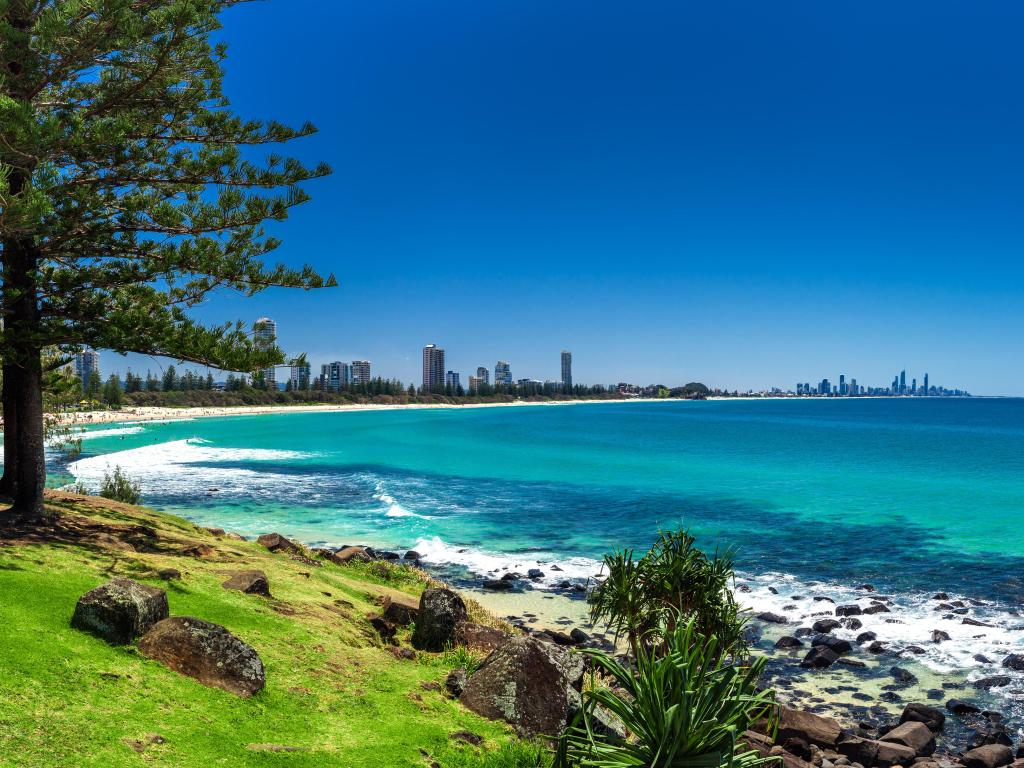 Gold Coast, Queensland, Australia with the Gold Coast skyline and surfing beach visible from Burleigh Heads.