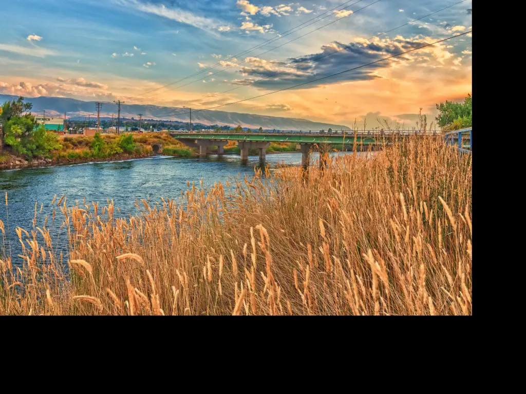 Sunset over Casper and the Platte River in Wyoming with mountains in the background