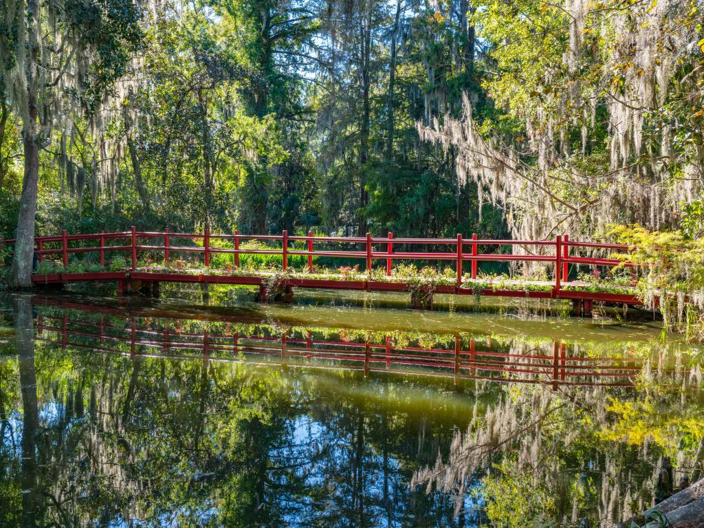 Cypress Gardens in Charleston, South Carolina, USA with a red bridge over the river and surrounded by trees on a sunny day.