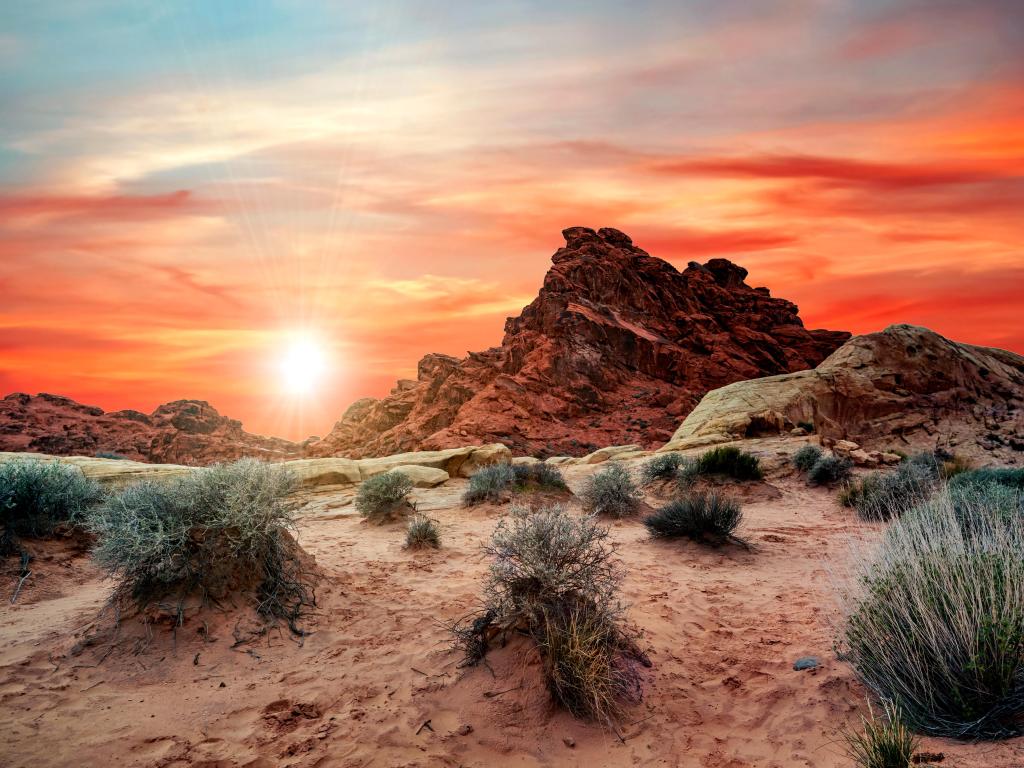 Red sunset at a hiking train in Valley of Fire State Park