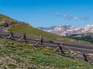 Trail Ridge Road at the highest elevation surrounded by alpine meadows and wildflowers and cross-cross fences along roadside