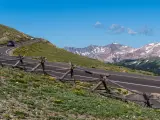 Trail Ridge Road at the highest elevation surrounded by alpine meadows and wildflowers and cross-cross fences along roadside