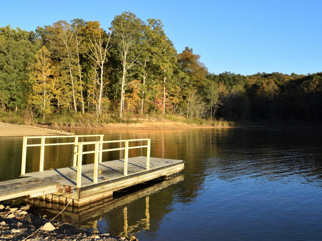 Dock on Patoka Lake on a sunny summer day