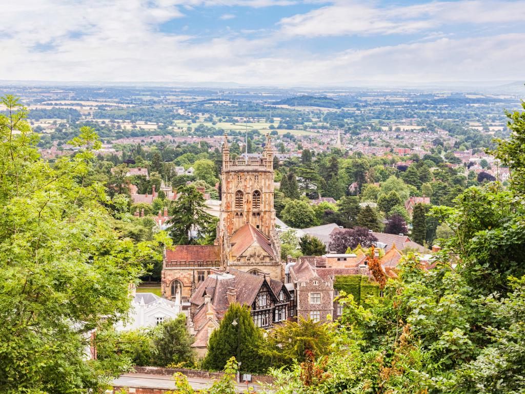 Great Malvern Priory, Great Malvern, Worcestershire, England taken on a sunny day.