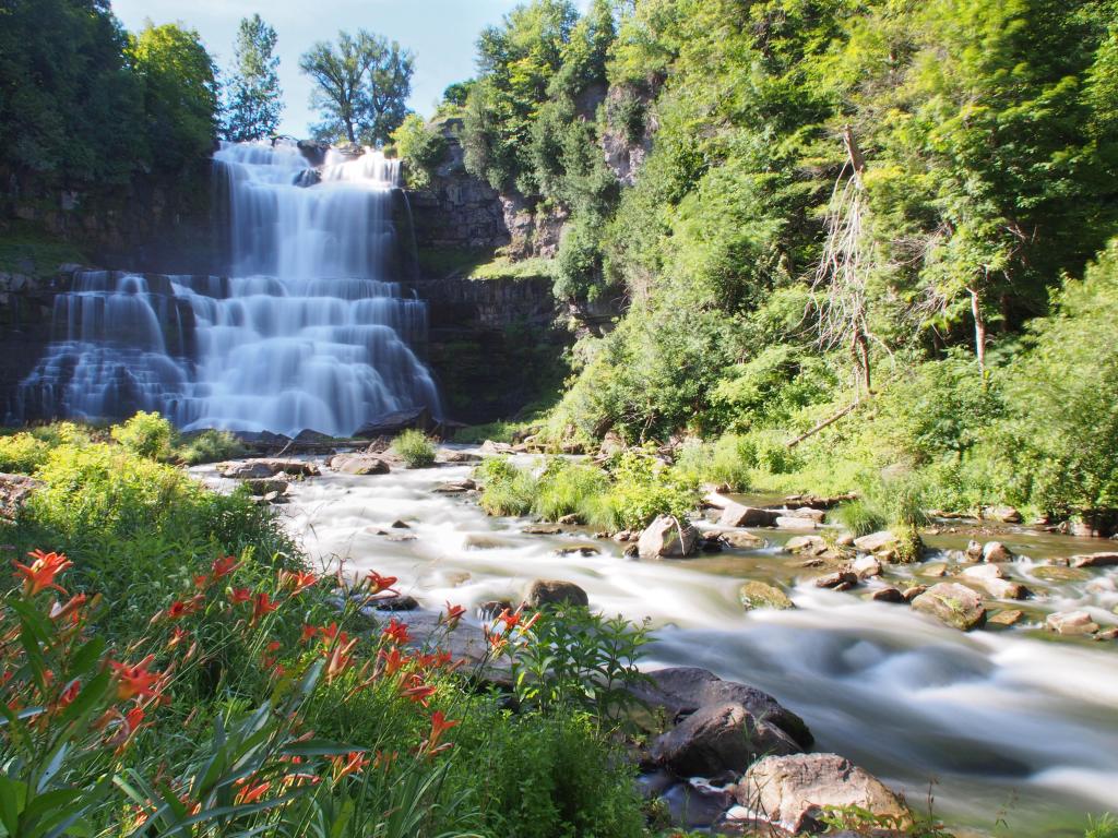 Syracuse, New York, USA with a waterfall taken on a sunny day surrounded by greenery. 