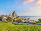 Quebec City, Canada taken as a panoramic view of the city skyline with Saint Lawrence river in Canada at early sunset. 