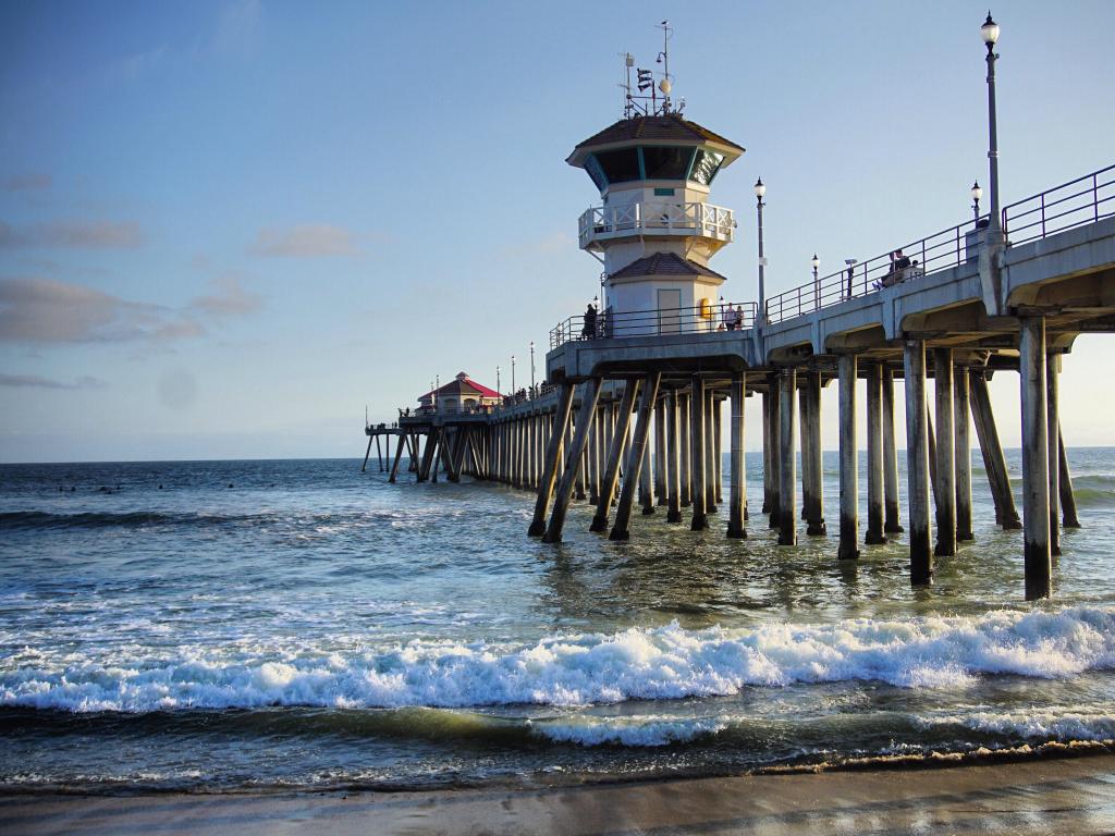 Huntington Beach, California, USA taken at the iconic pier on a sunny bright day.