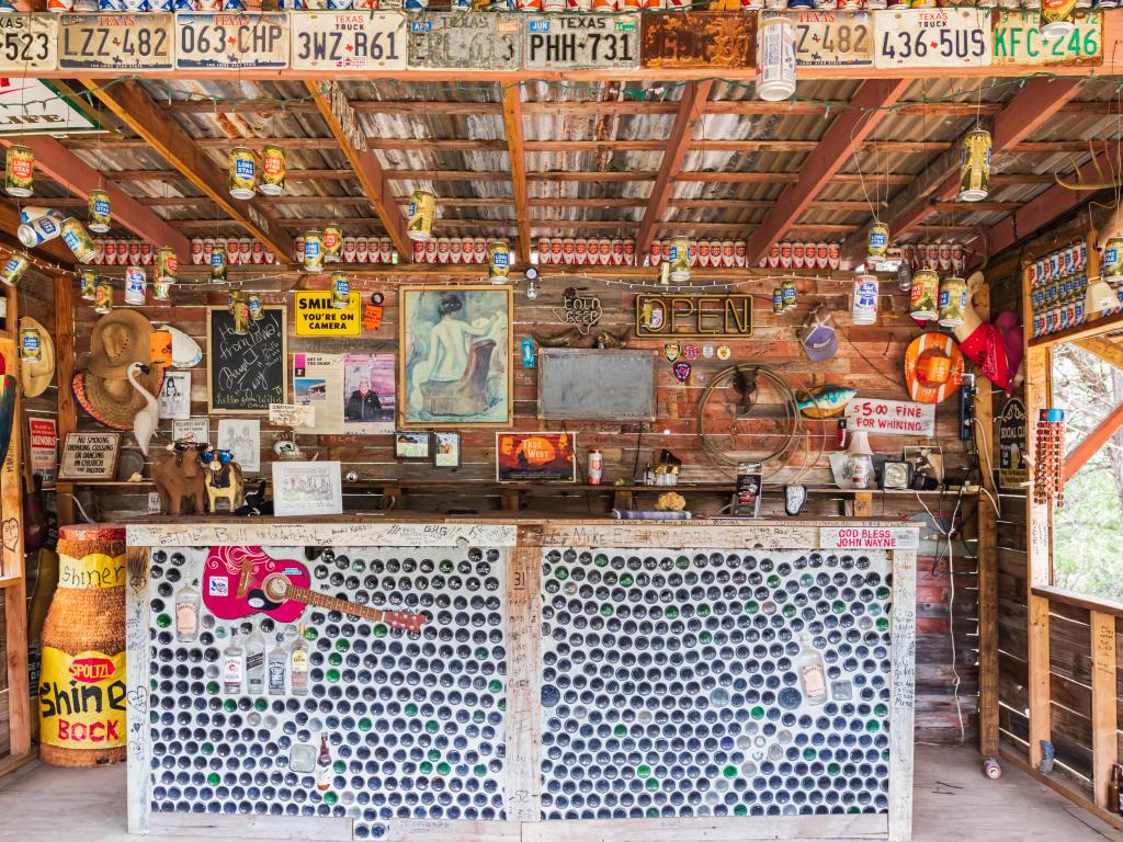 Vintage memorabilia and clutter inside the Cartoon Saloon in Comfort, the Texas hill country.