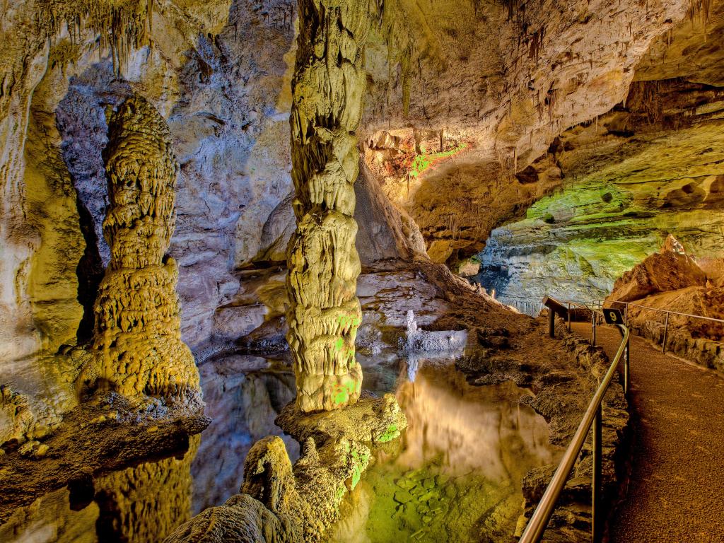 Subterranean columns in spring-fed pool, Carlsbad Caverns National Park, New Mexico, USA.