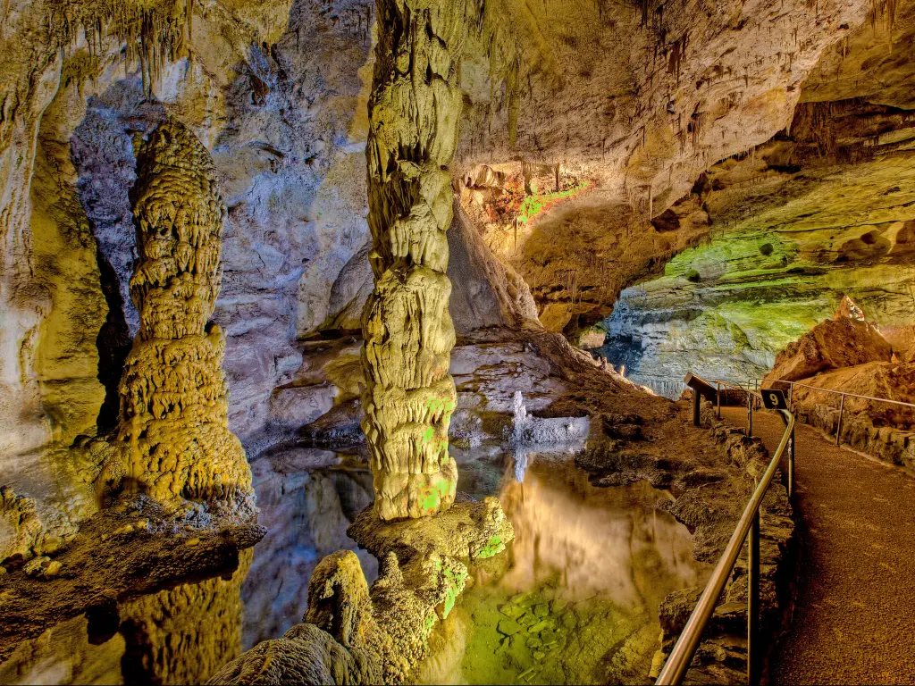 Subterranean columns in spring-fed pool, Carlsbad Caverns National Park, New Mexico, USA.