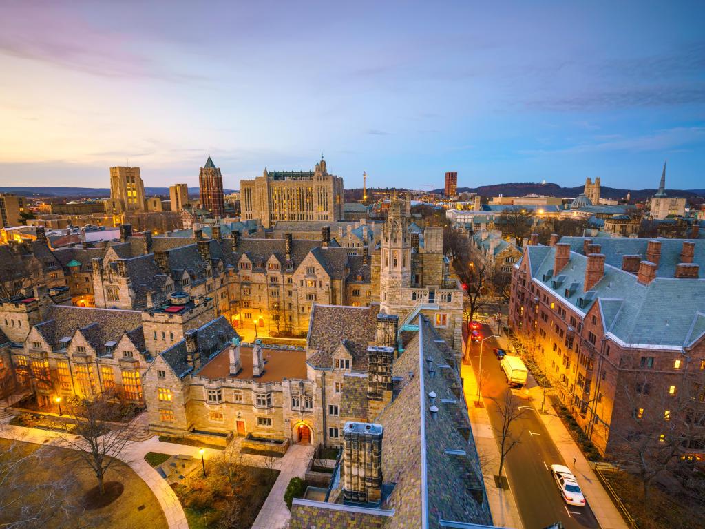 Historic stone buildings at Night on Yale University Campus in New Haven Connecticut