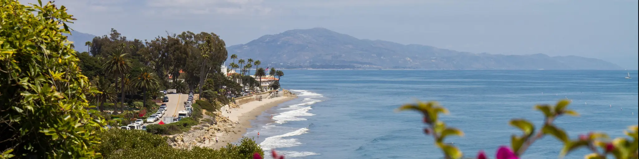 Santa Barbara, California, USA with a view of Butterfly Beach with pink flowers in the foreground. 