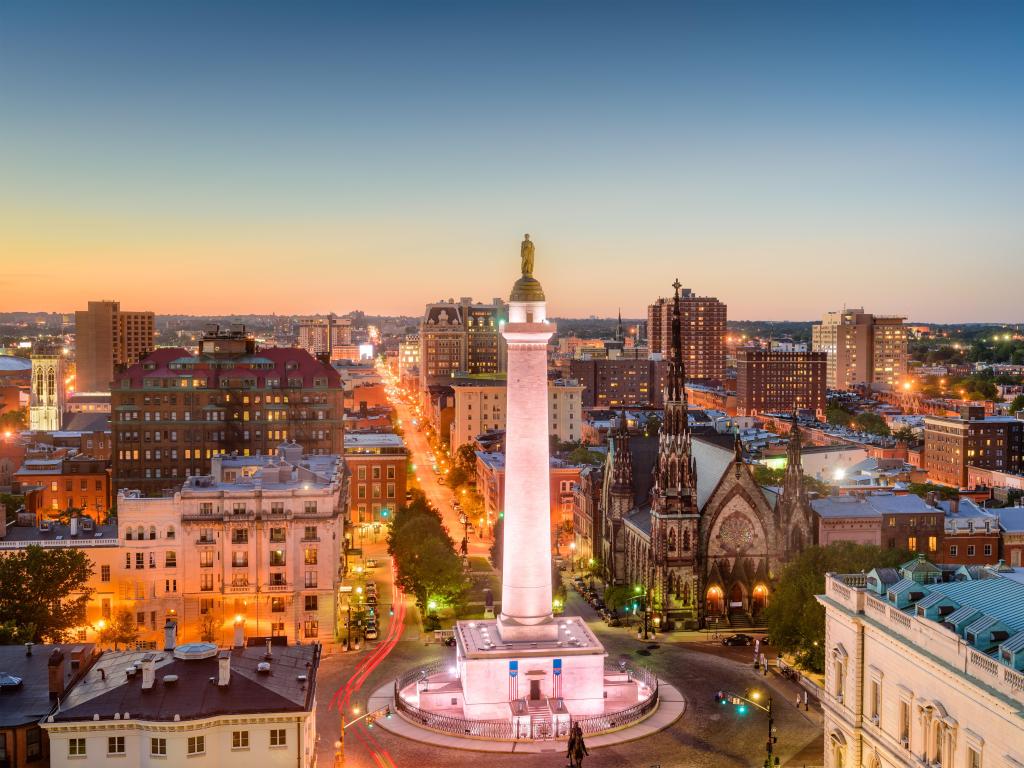 Baltimore, Maryland, USA cityscape at Mt. Vernon and the Washington Monument.