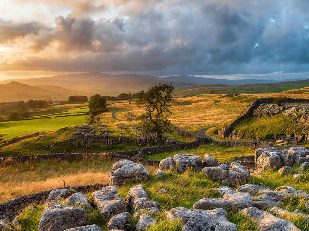Yorkshire Dales National Park, UK taken at sunset at the Winskill Stones near Settle in the Yorkshire Dales National Park.