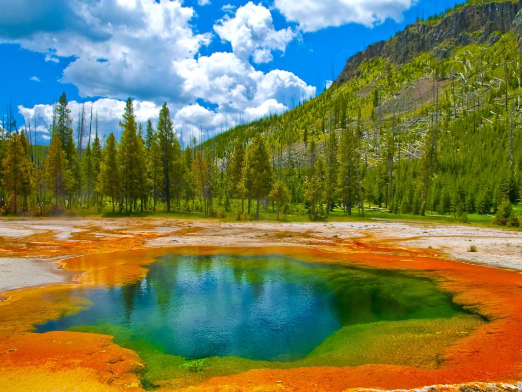 Deep green blue geyser pool in yellowstone national park