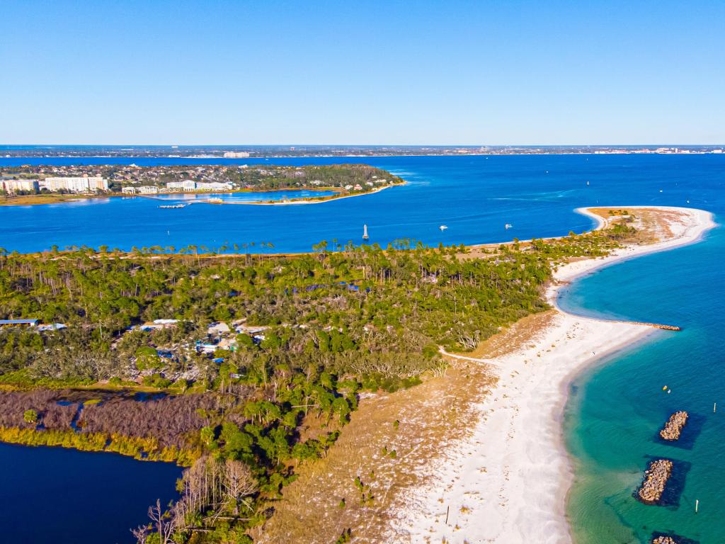 Panorama of St Andrews Bay, Florida, showing the Ocean and beaches located there.