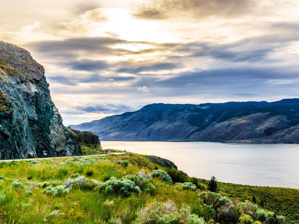 Kamloops Lake, British Columbia, Canada taken at sunset over Kamloops Lake along the Trans Canada Highway.