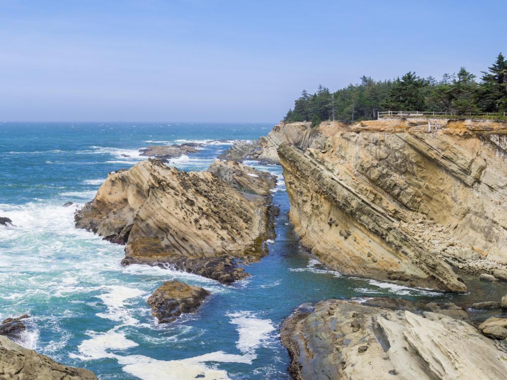 Panorama of the dramatic shoreline with strange rock formations at Shores Acres State Park, Coos Bay, Oregon
