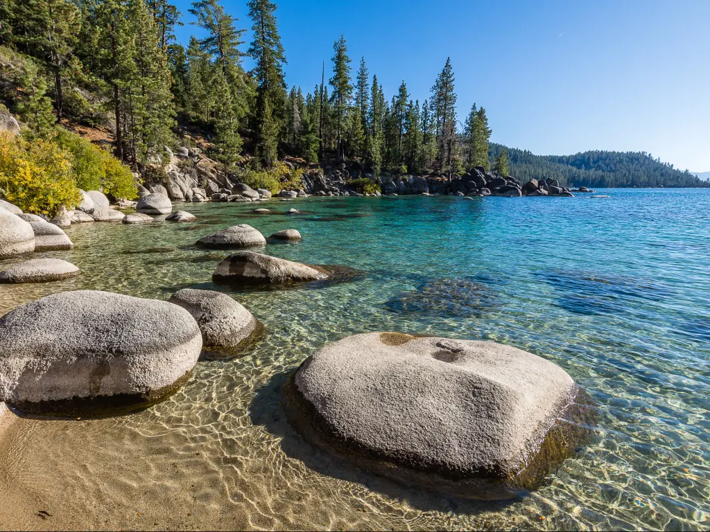 Lake Tahoe shoreline with boulders and pine trees in California.