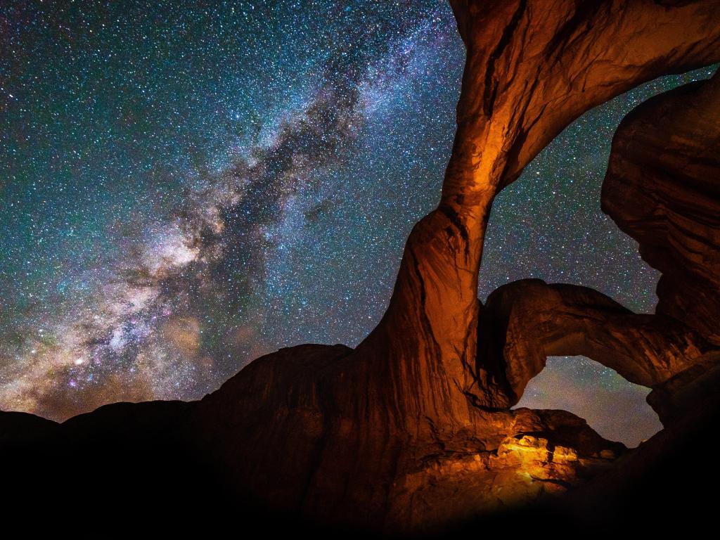 Milky Way Galaxy behind Double Arch sandstone rock formation