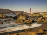 View of Golden Gate Bridge from Lands End along the 49 Mile Scenic Drive in San Francisco.