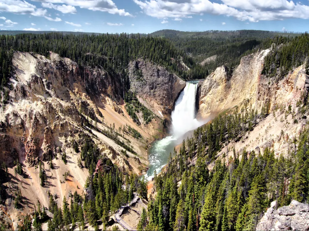 An aerial view of the upper falls in Yellowstone National Park.