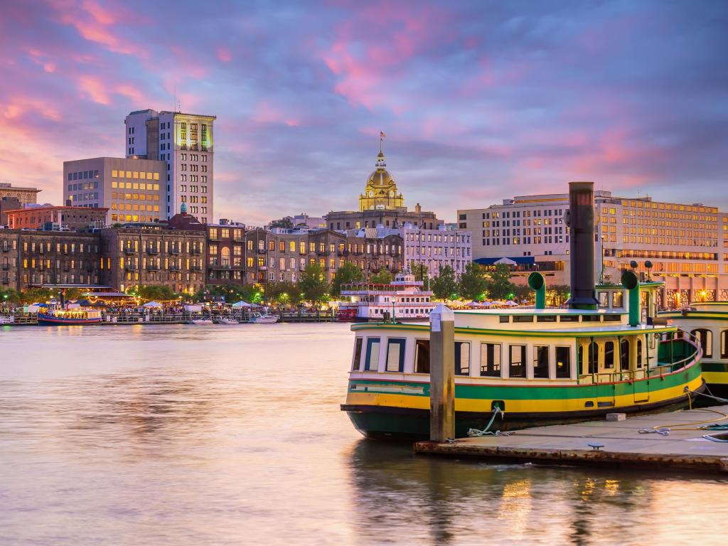 Historic District waterfront of Savannah, Georgia USA at sunset.