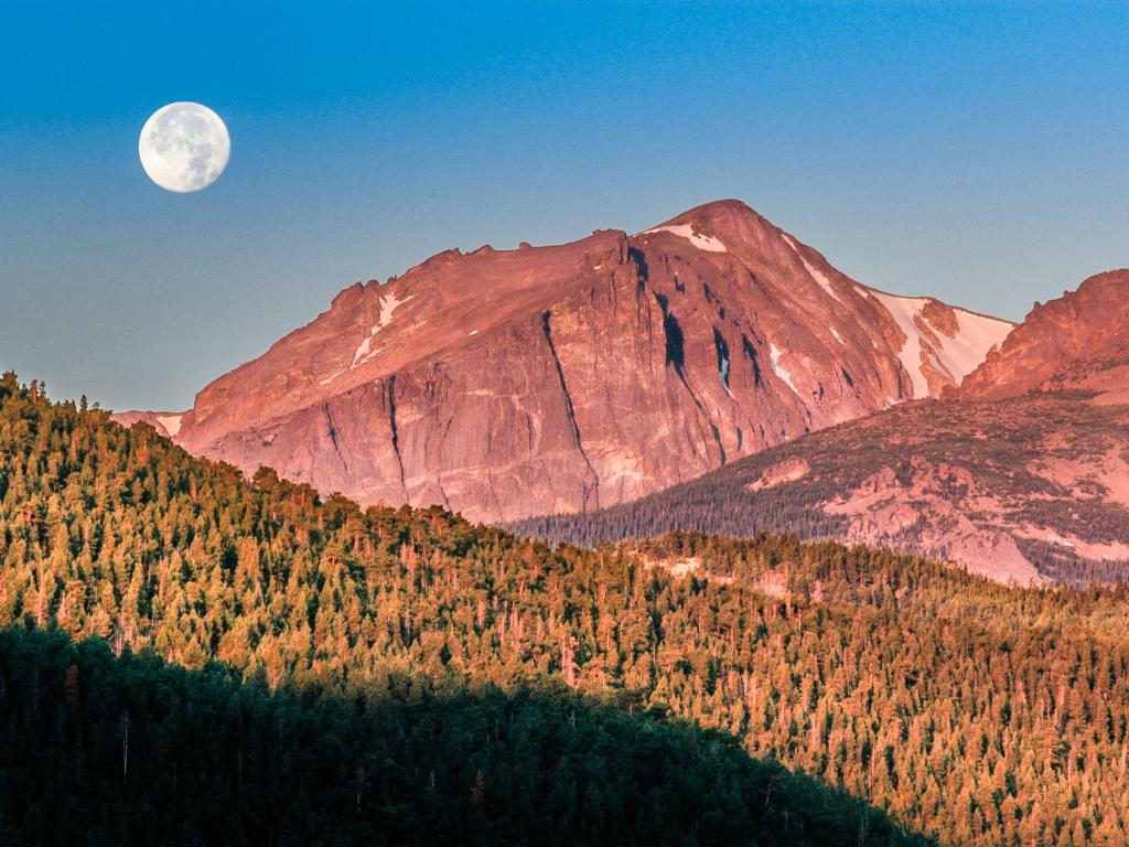 Sunrise with full moon at Moraine Park, Rocky Mountain National Park
