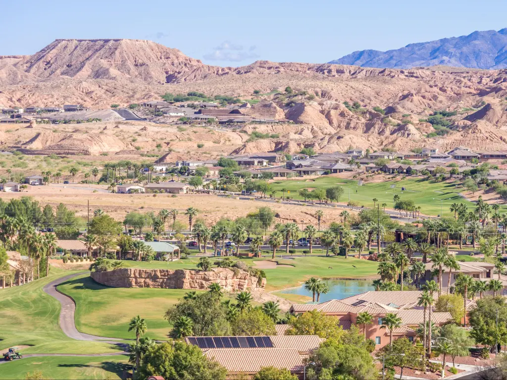 Picturesque Mesquite, Nevada, nestled in a valley amongst mesas and mountains.