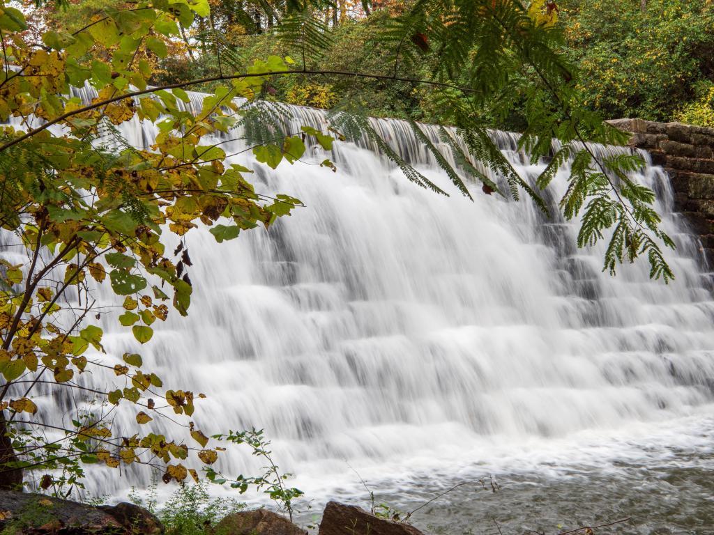 Water rushing down the Otter Lake Waterfall viewed through the surrounding trees